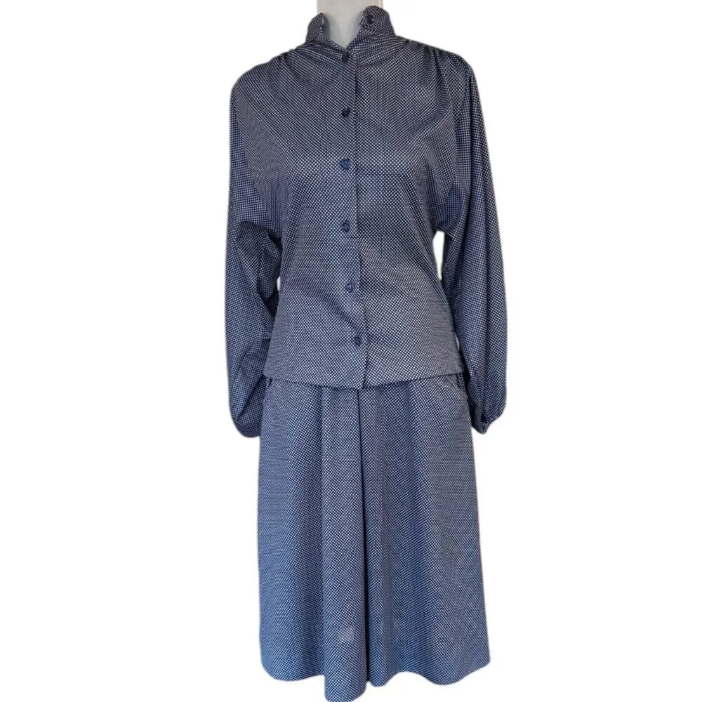 Vintage 70s 80s 2 pc navy‎ blue white micro polka dot blouse and skirt set sz S